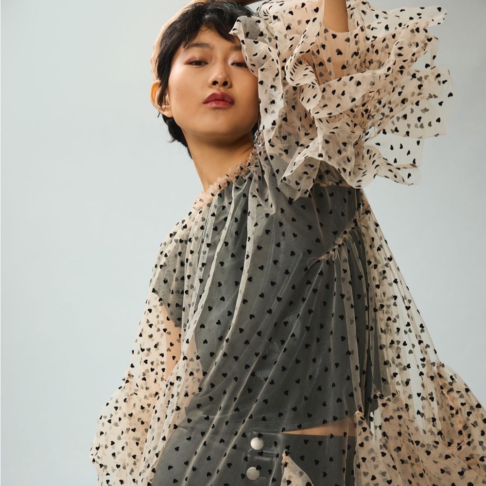 Anthropologie Sheer Polka Heart Tulle Blouse in Cream and Black